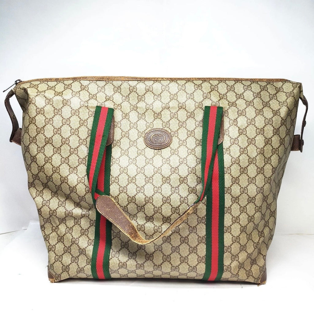 Authentic Vintage Gucci GG Supreme Web Sherry Line Boston Travel Bag Beige Brown 1980s