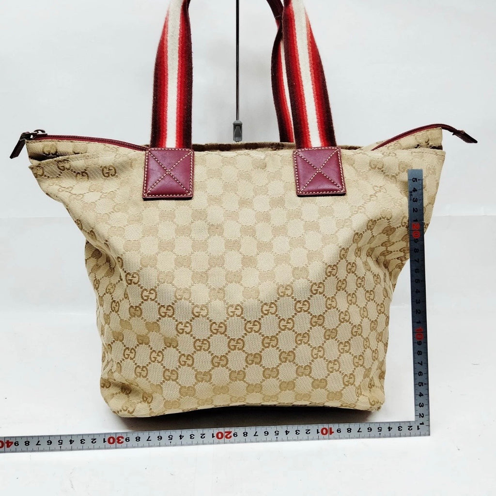 Authentic Gucci GG Canvas Sherry Line Tote Bag Burgundy Leather Trim Mid-2000s