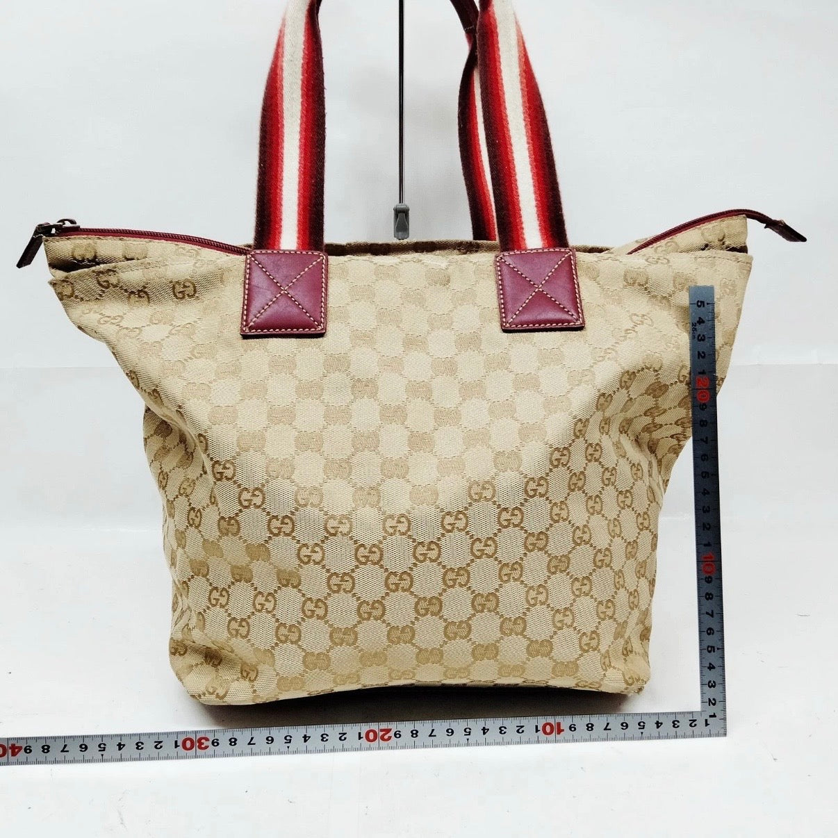 Authentic Gucci GG Canvas Sherry Line Tote Bag Burgundy Leather Trim Mid-2000s