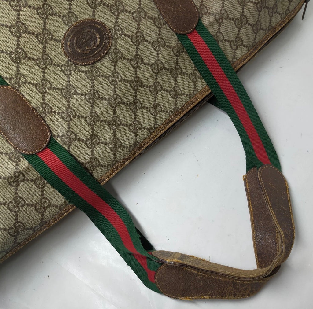 Authentic Vintage Gucci GG Supreme Web Sherry Line Boston Travel Bag Beige Brown 1980s