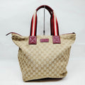 Authentic Gucci GG Canvas Sherry Line Tote Bag Burgundy Leather Trim Mid-2000s