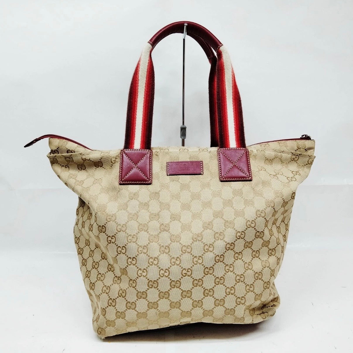 Authentic Gucci GG Canvas Sherry Line Tote Bag Burgundy Leather Trim Mid-2000s