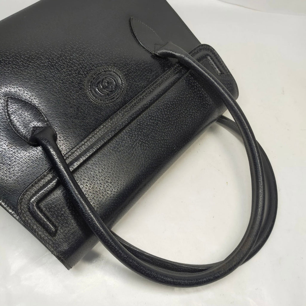 Authentic Vintage Gucci Black Grained Leather Interlocking GG Flap Top Handle Satchel 1980s