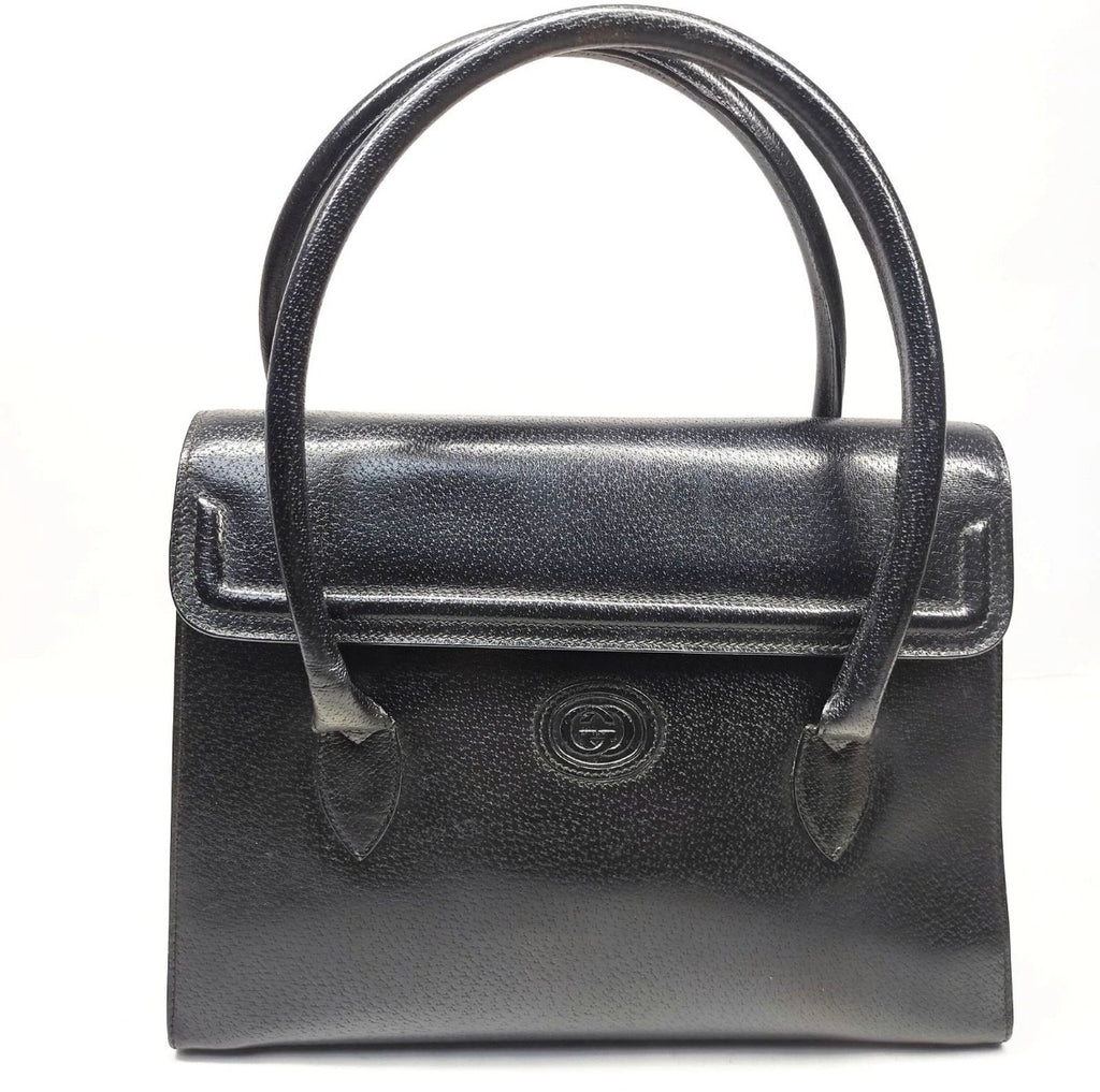 Authentic Vintage Gucci Black Grained Leather Interlocking GG Flap Top Handle Satchel 1980s