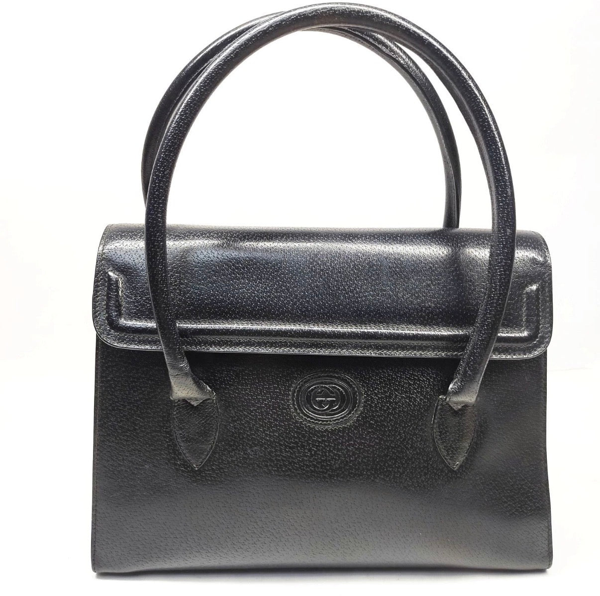 Authentic Vintage Gucci Black Grained Leather Interlocking GG Flap Top Handle Satchel 1980s