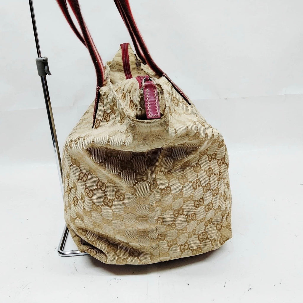 Authentic Gucci GG Canvas Sherry Line Tote Bag Burgundy Leather Trim Mid-2000s