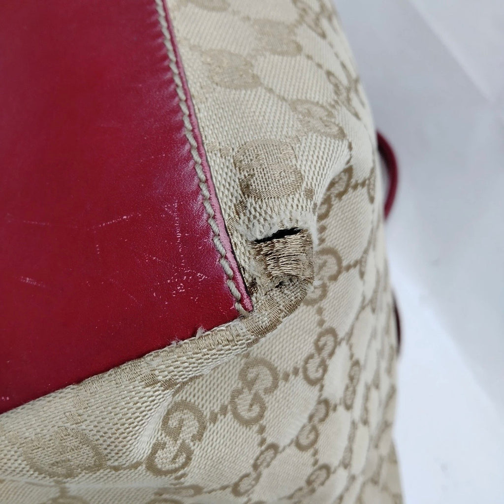Authentic Gucci GG Canvas Sherry Line Tote Bag Burgundy Leather Trim Mid-2000s