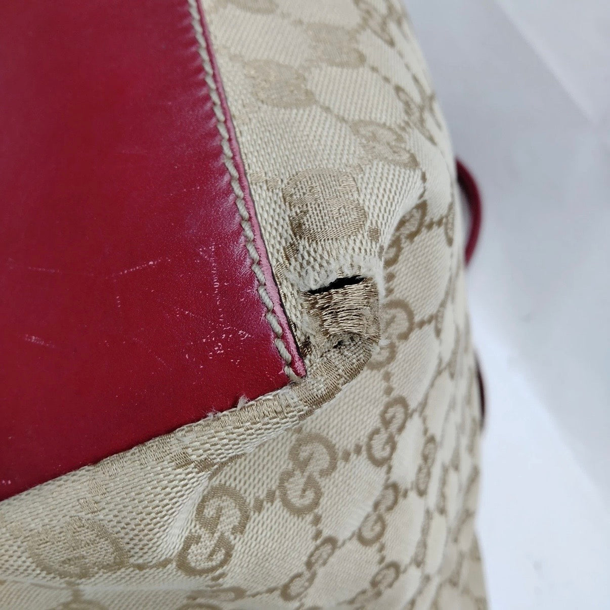 Authentic Gucci GG Canvas Sherry Line Tote Bag Burgundy Leather Trim Mid-2000s