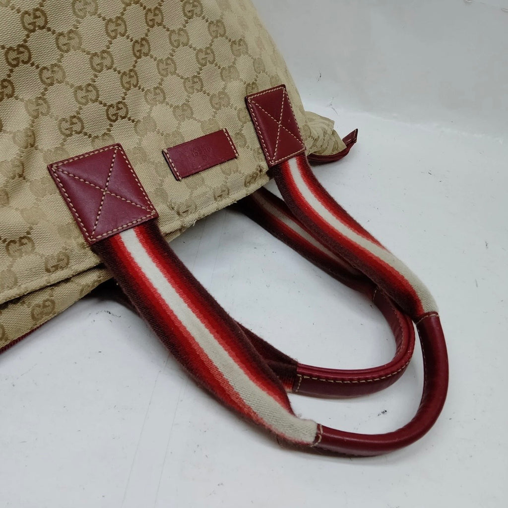 Authentic Gucci GG Canvas Sherry Line Tote Bag Burgundy Leather Trim Mid-2000s